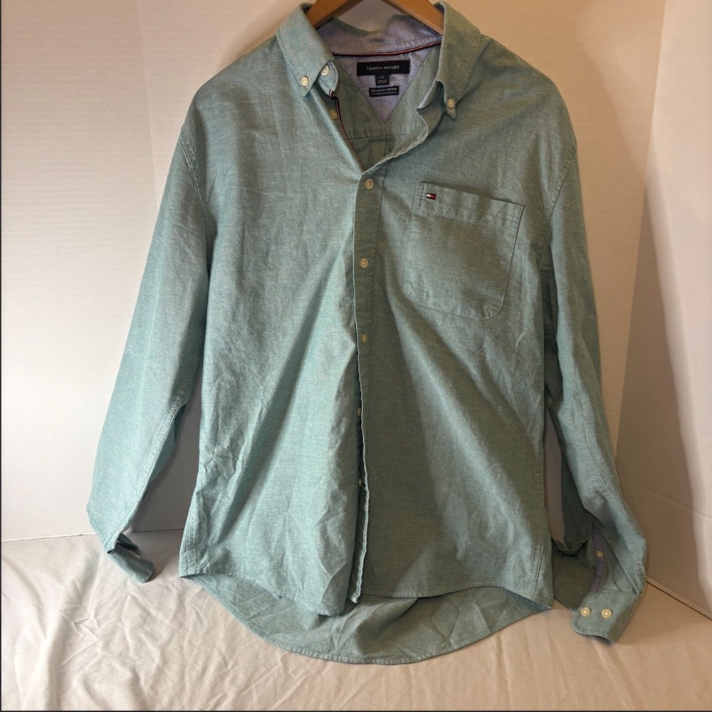 Tommy Hilfiger Mens Slim Fit Stretch Cotton Oxford Long Sleeve Shirt Green Large